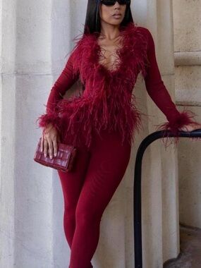 DIVA BOUTIQUE MIDNIGHT IMPULSE FEATHER MESH PANT SET RED SIZE MEDIUM NWT